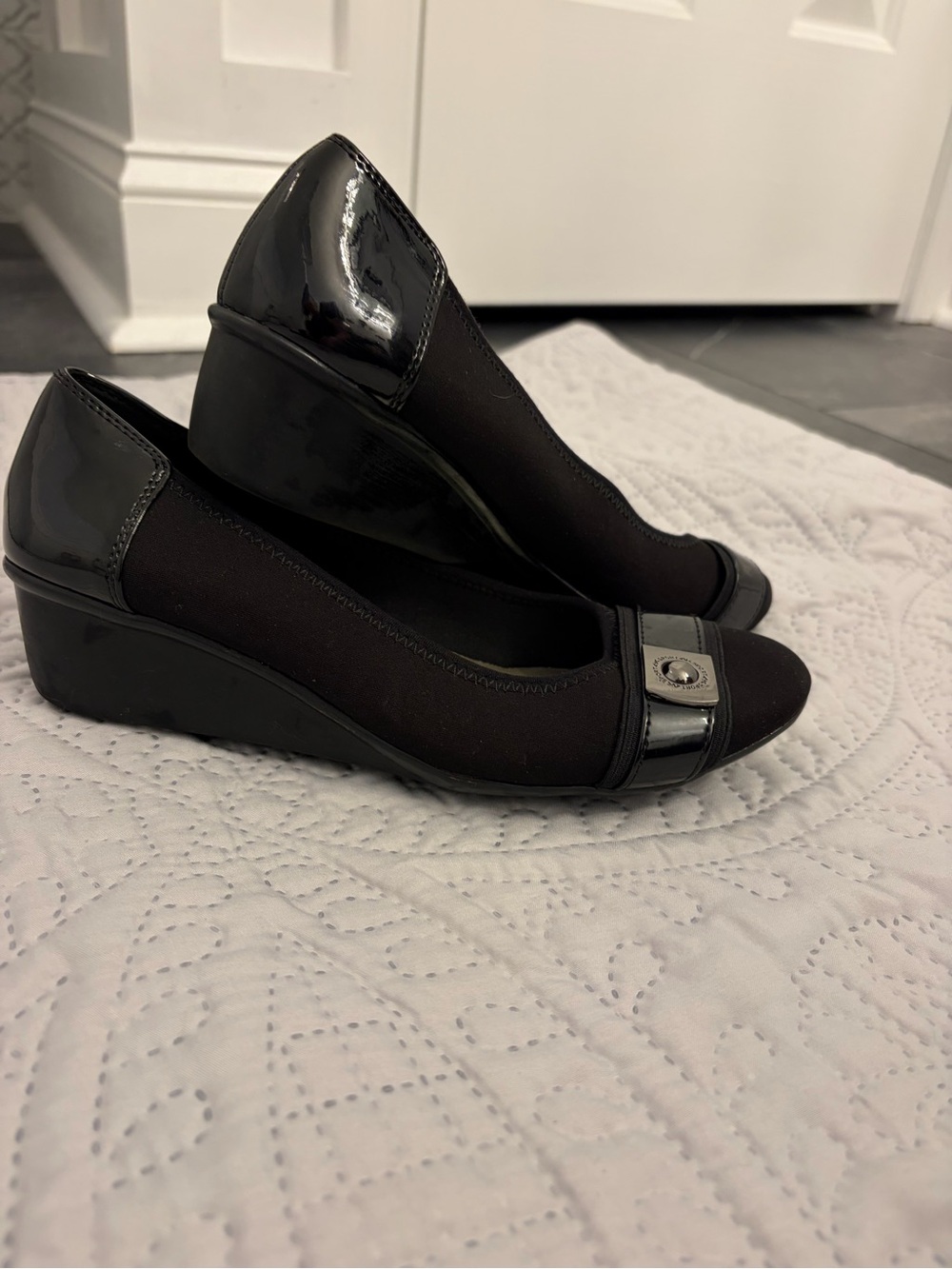 Anne Klein Sport Black Patent Trim Wedge Pumps- size 6